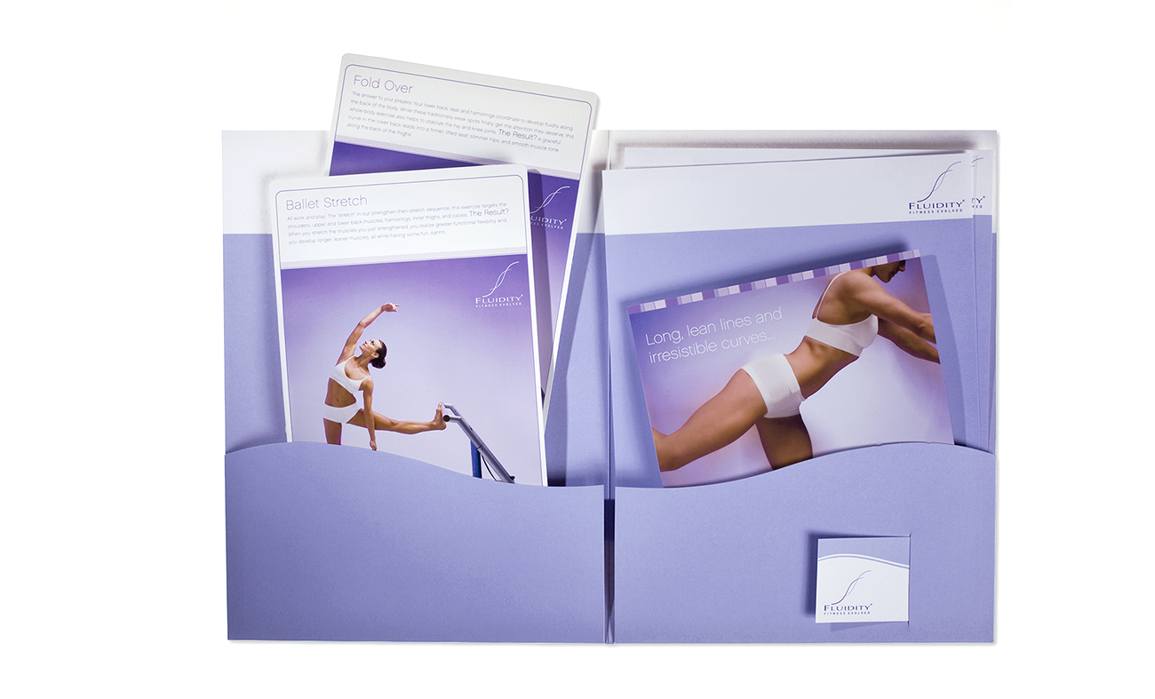 Identity package, including business card, letterhead and brochure for Fluidity Barre.